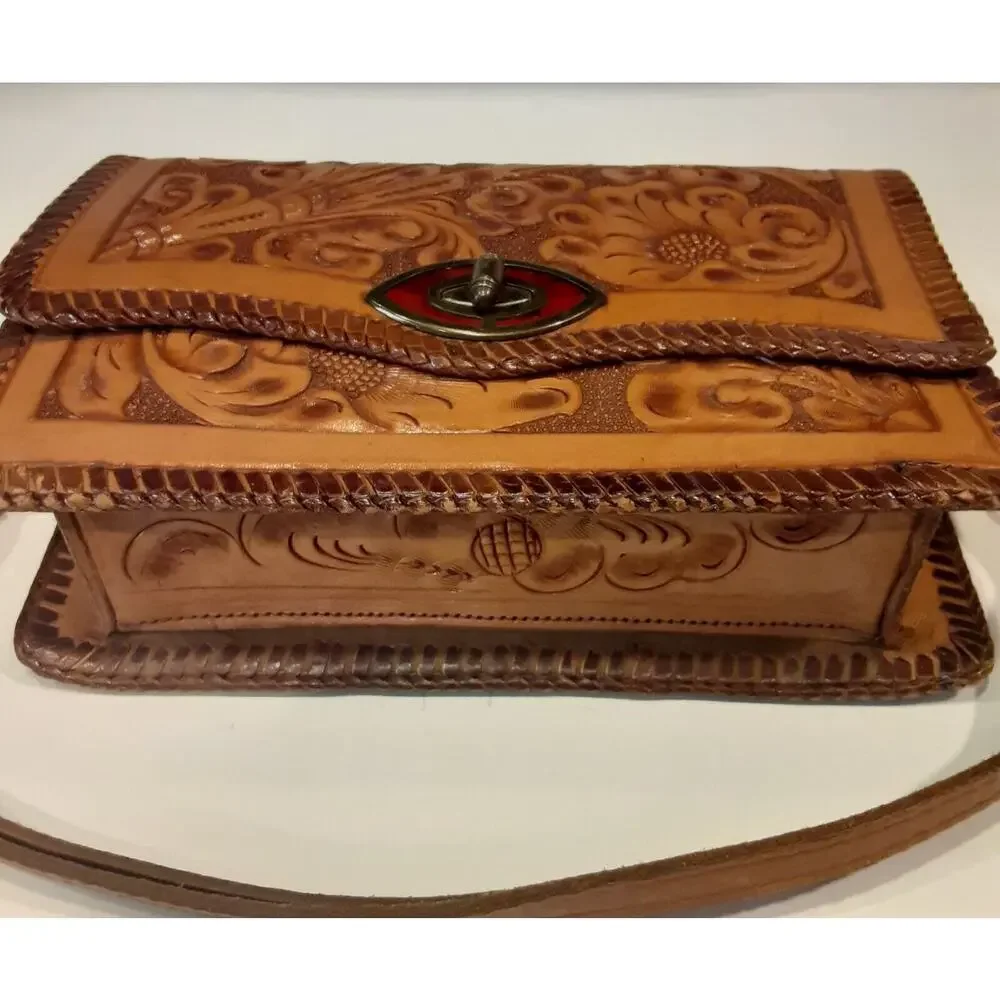 Vintage Hand Tooled Leather Shoulder/Handbag Adjustable Tobacco